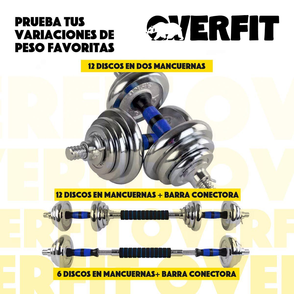 Mancuernas Cromadas 30kg Ajustables + Barra Unibles Overfit-3