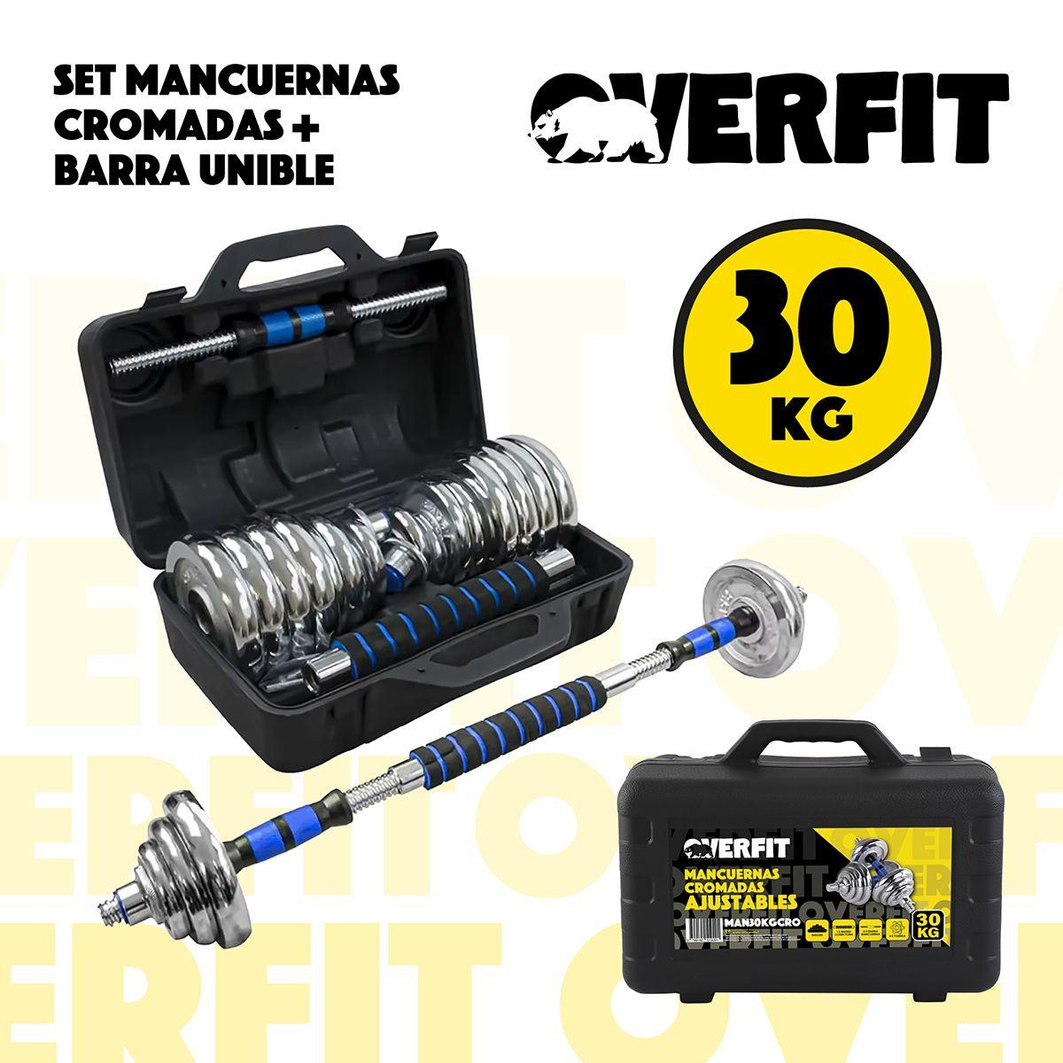 Mancuernas Cromadas 30kg Ajustables + Barra Unibles Overfit-4