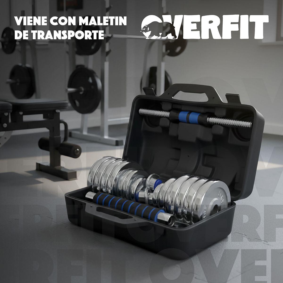 Mancuernas Cromadas 30kg Ajustables + Barra Unibles Overfit-6