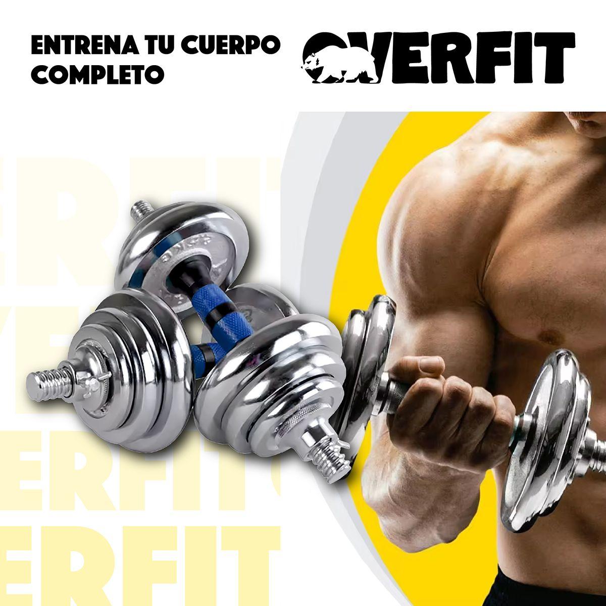 Mancuernas Cromadas 30kg Ajustables + Barra Unibles Overfit-7