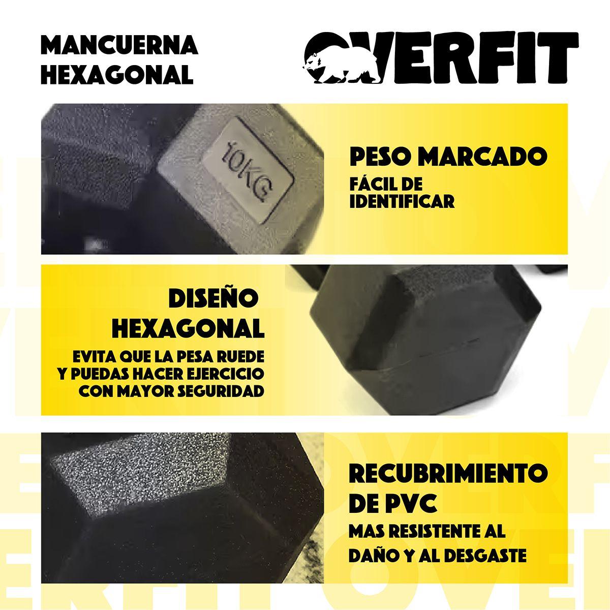 Mancuerna Hexagonal 10KG Par Set X2 Pesas PVC 20KG Overfit-5