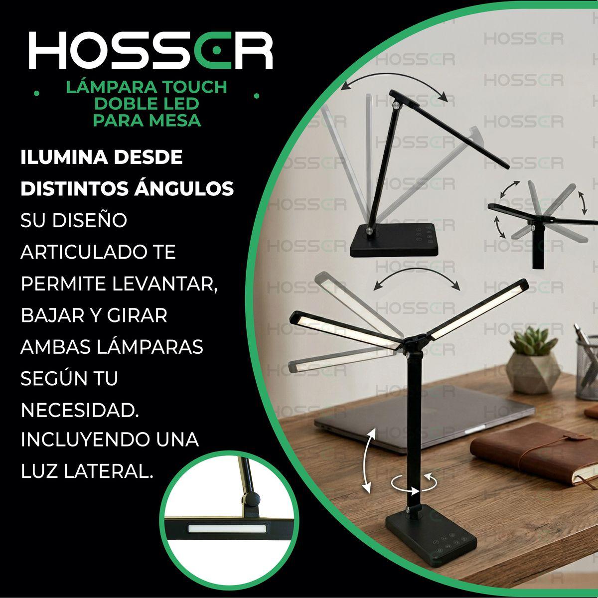 Lámpara De Mesa Led Hosser Con Doble Brazo, Control Táctil Y Puerto Usb En Aluminio Negro-5