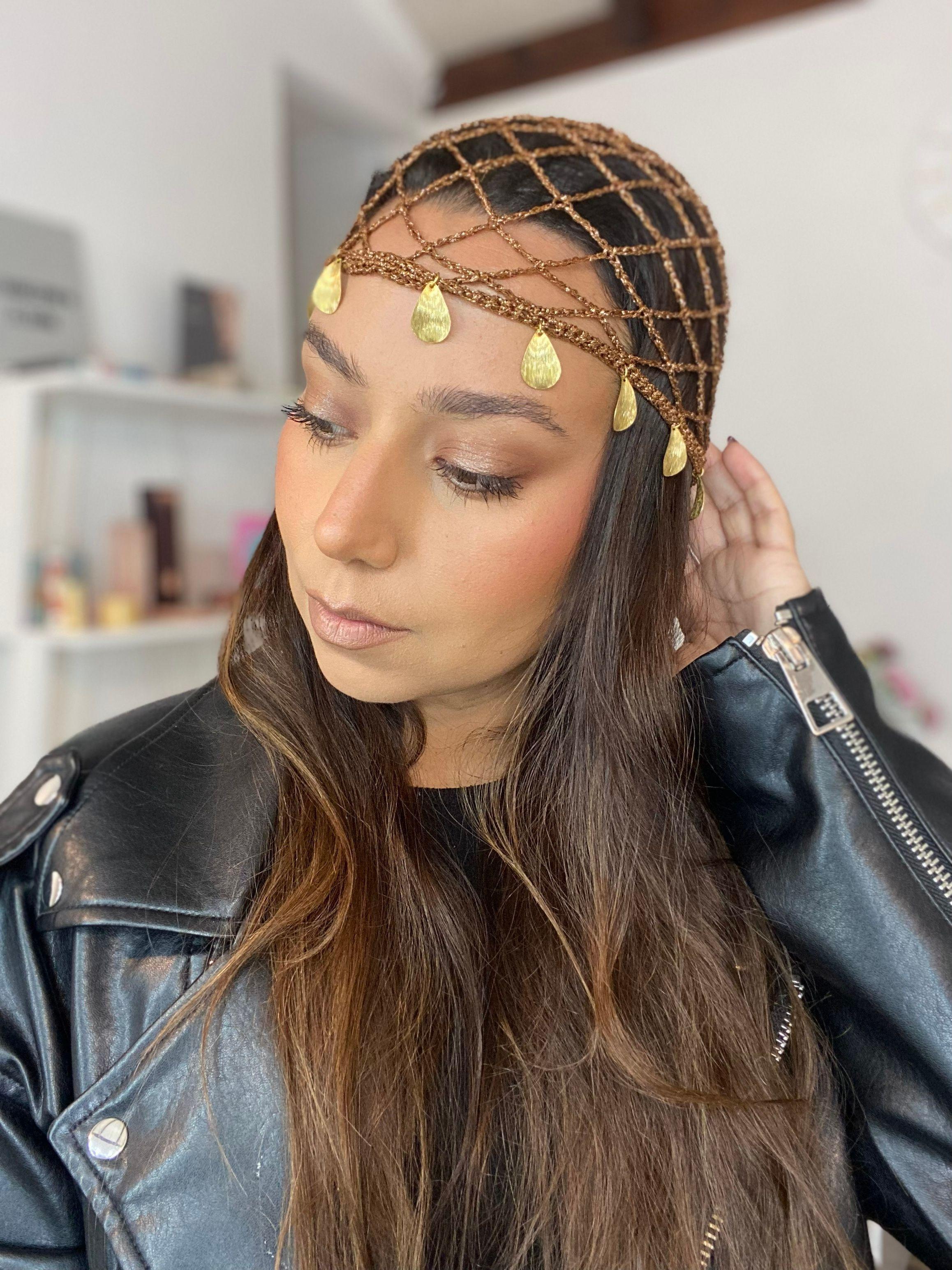 Mesh Hat Casquete Crochet modelo Diamante color Caf con Dorado con Aplicaciones-4