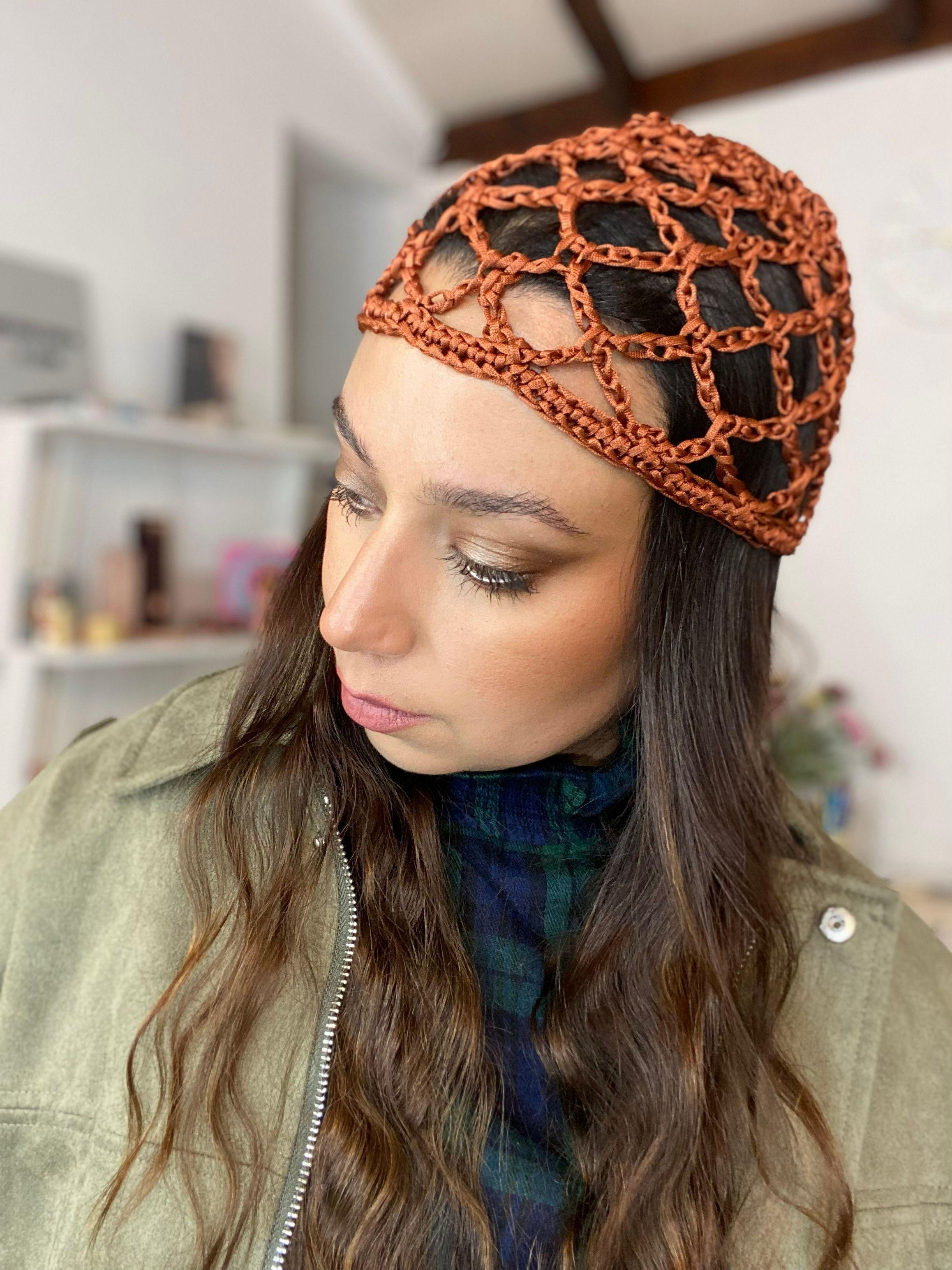 Mesh Hat Casquete Crochet modelo Diamante Cinta color Terracota-4
