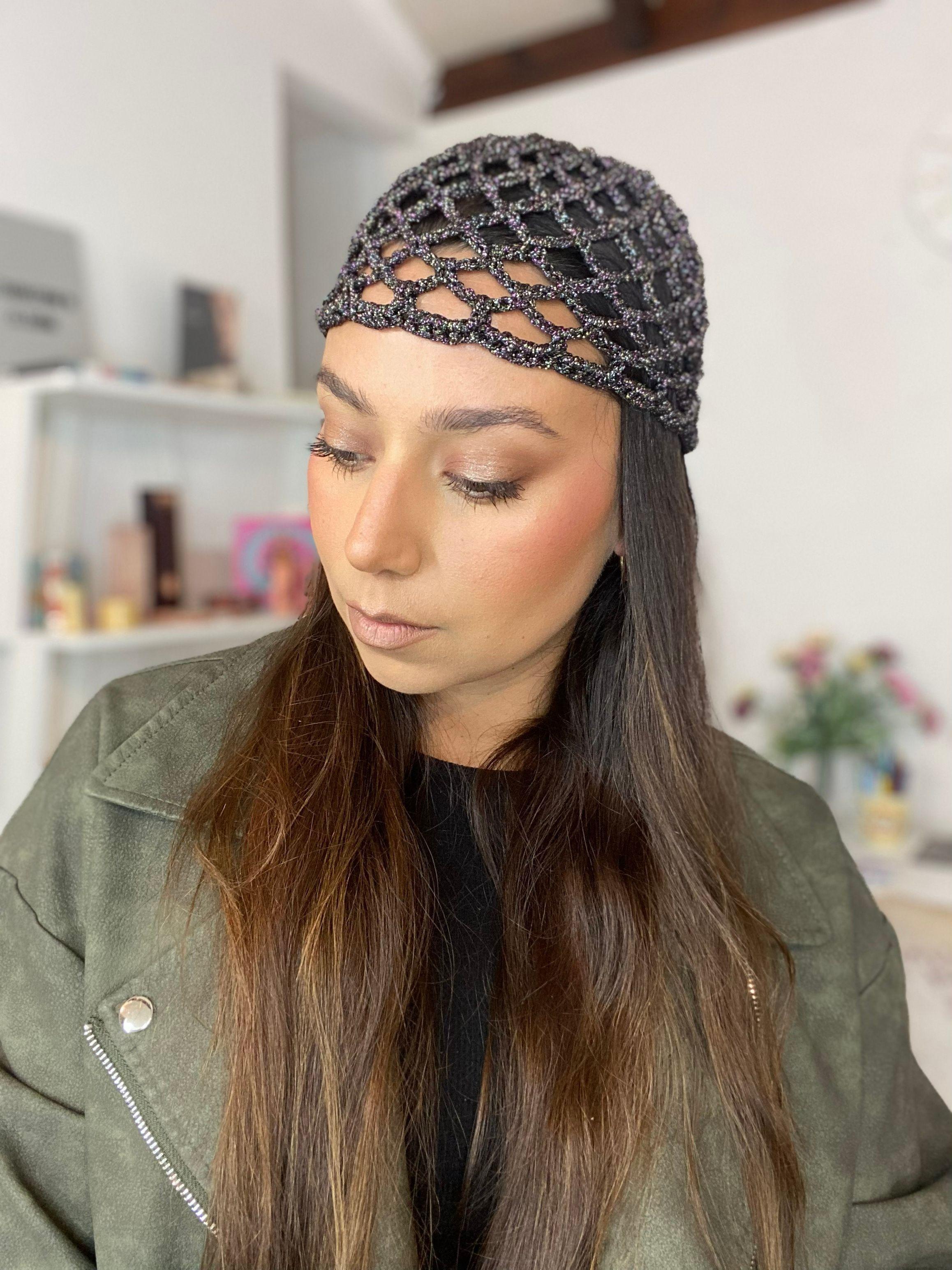 Mesh Hat Casquete Crochet modelo Diamante color Negro con brillo multicolor-3