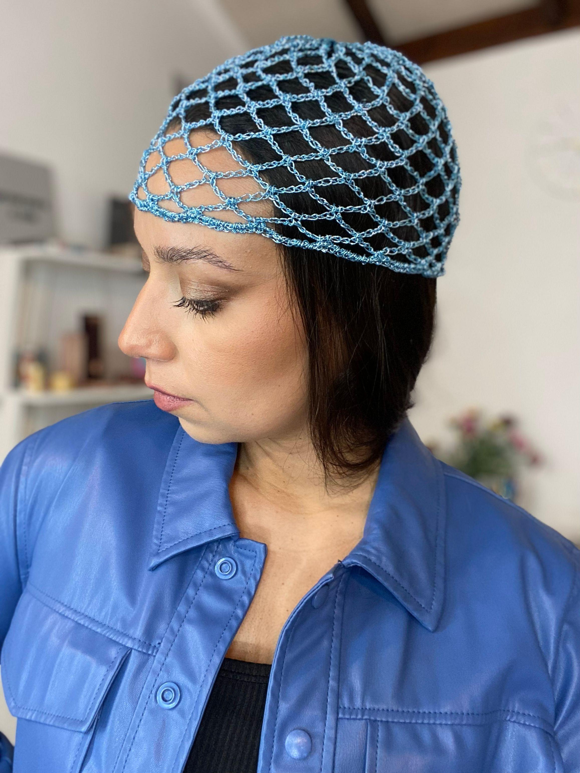Mesh Hat Casquete Crochet modelo Diamante color Celeste Metalizado-3