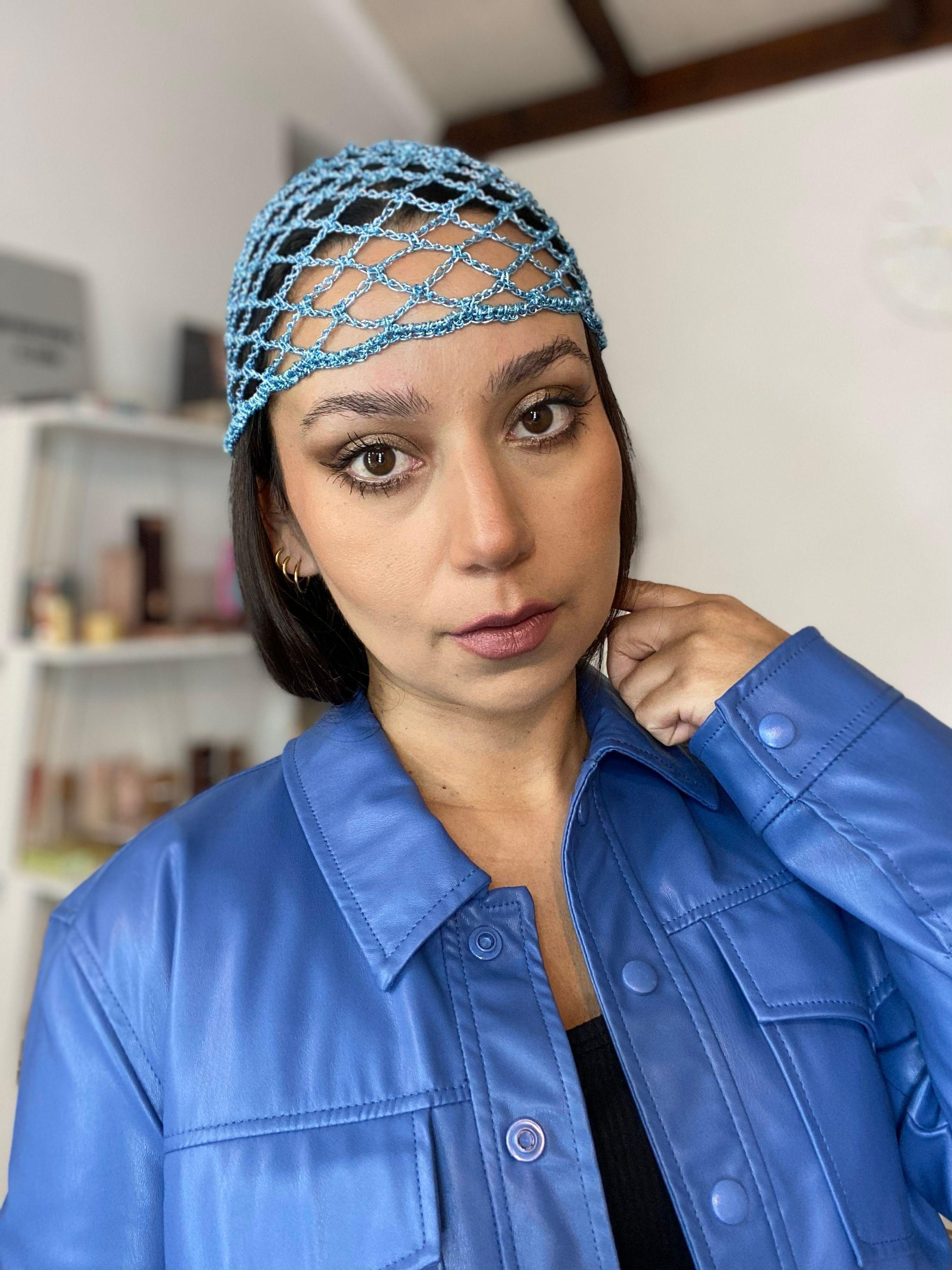 Mesh Hat Casquete Crochet modelo Diamante color Celeste Metalizado-4
