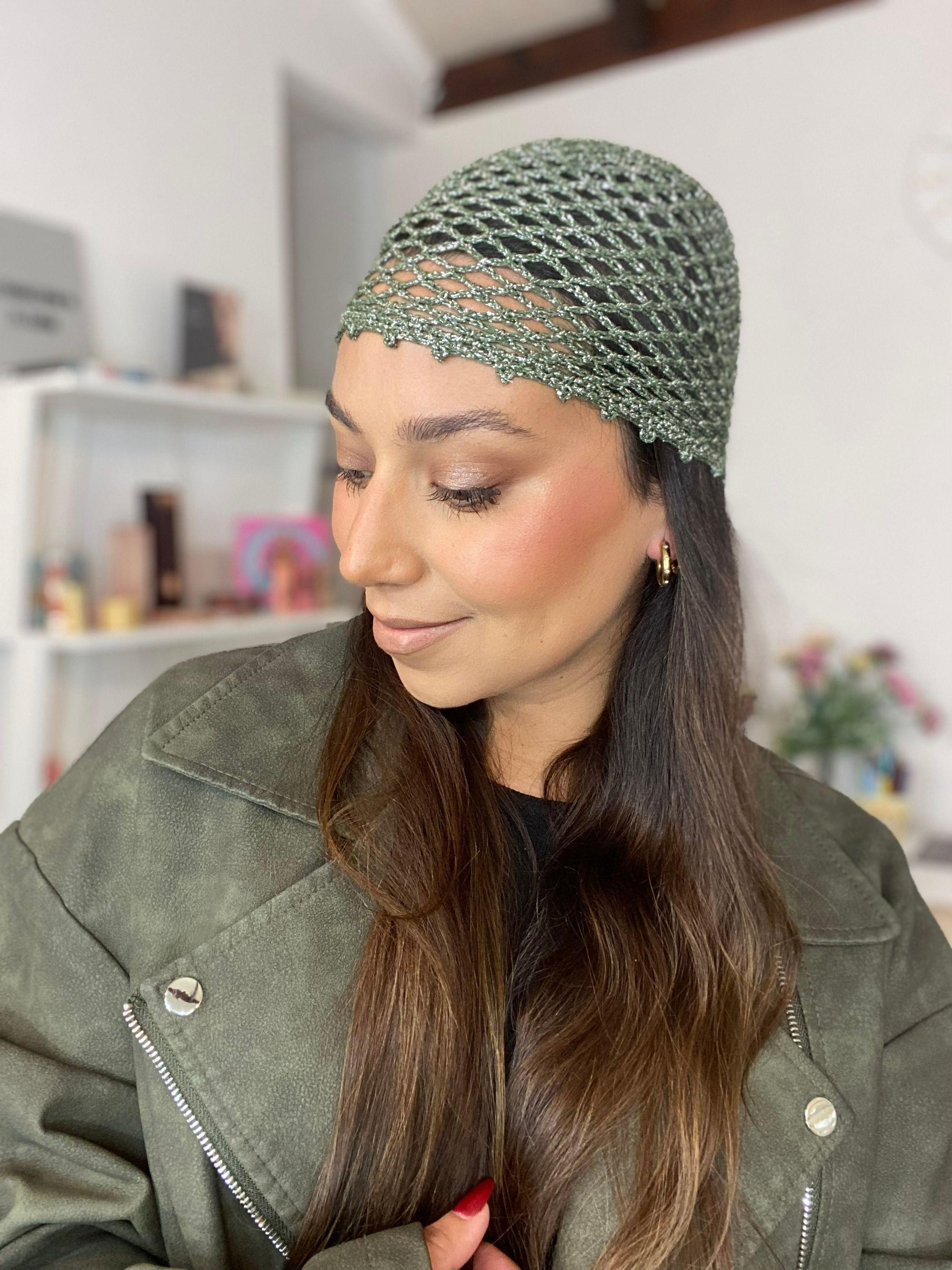 Mesh Hat Casquete a Crochet modelo Rombo Verde con Plateado-4