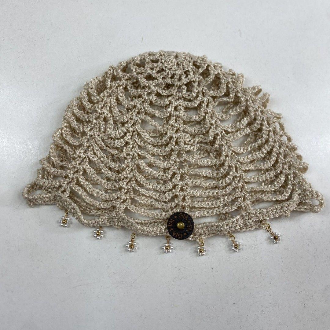 Mesh Hat Casquete Crochet modelo Abanico Simple color Beige Satinado con Aplicaciones-2
