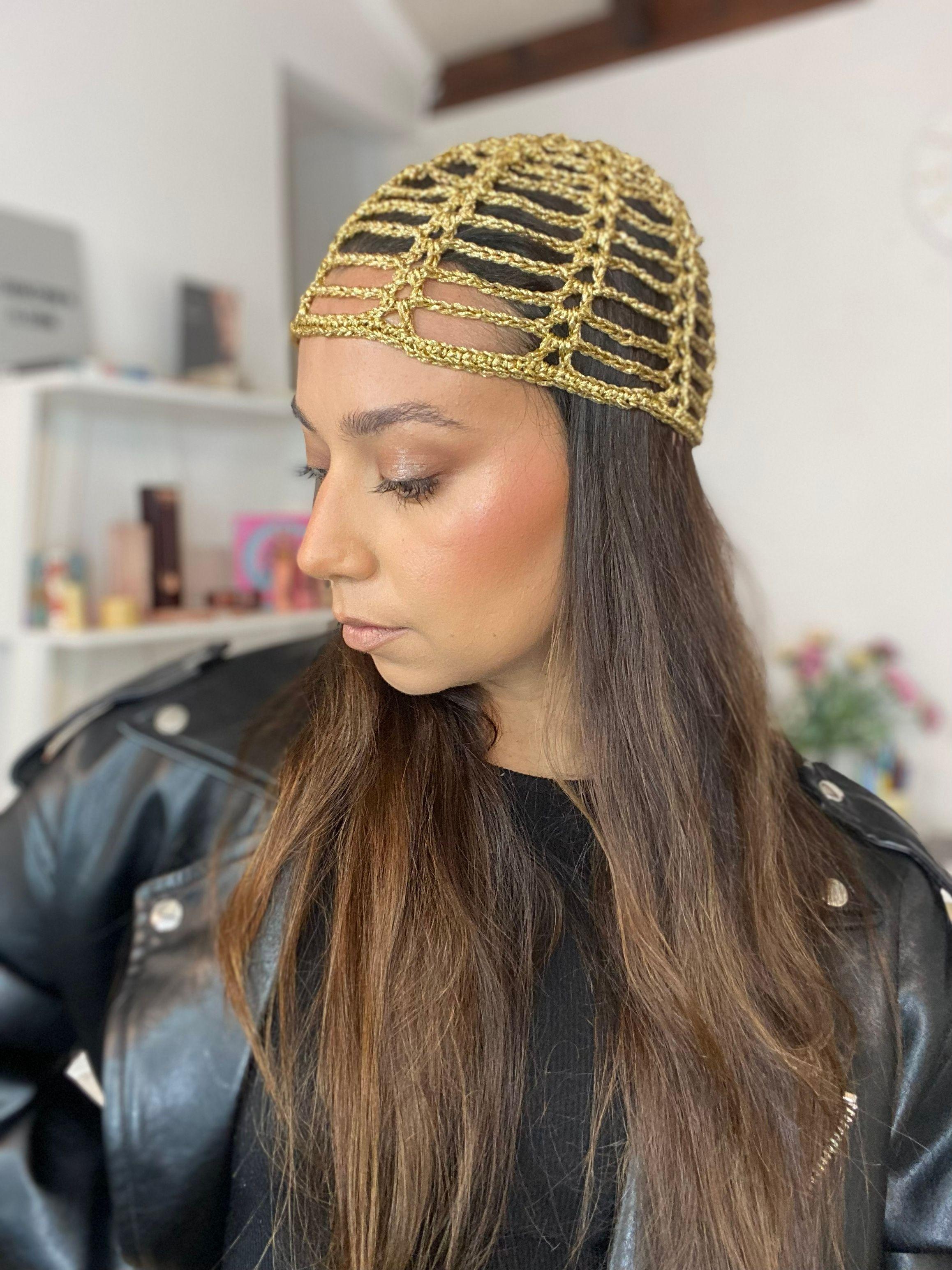 Mesh Hat Casquete Crochet modelo Abanico Simple color Dorado-4