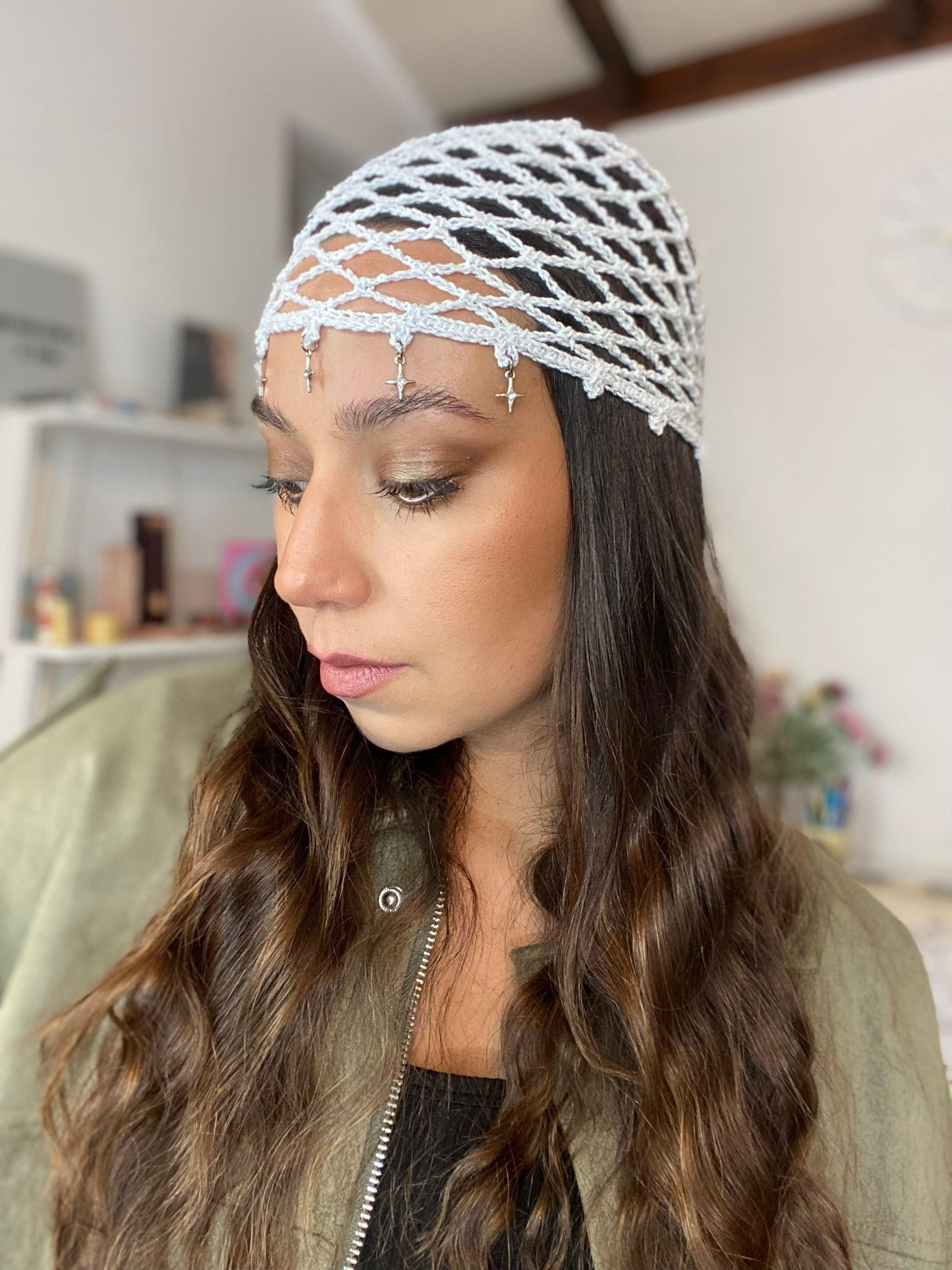 Mesh Hat Casquete Crochet modelo Diamante color Blanco con Plateado con Aplicaciones-4