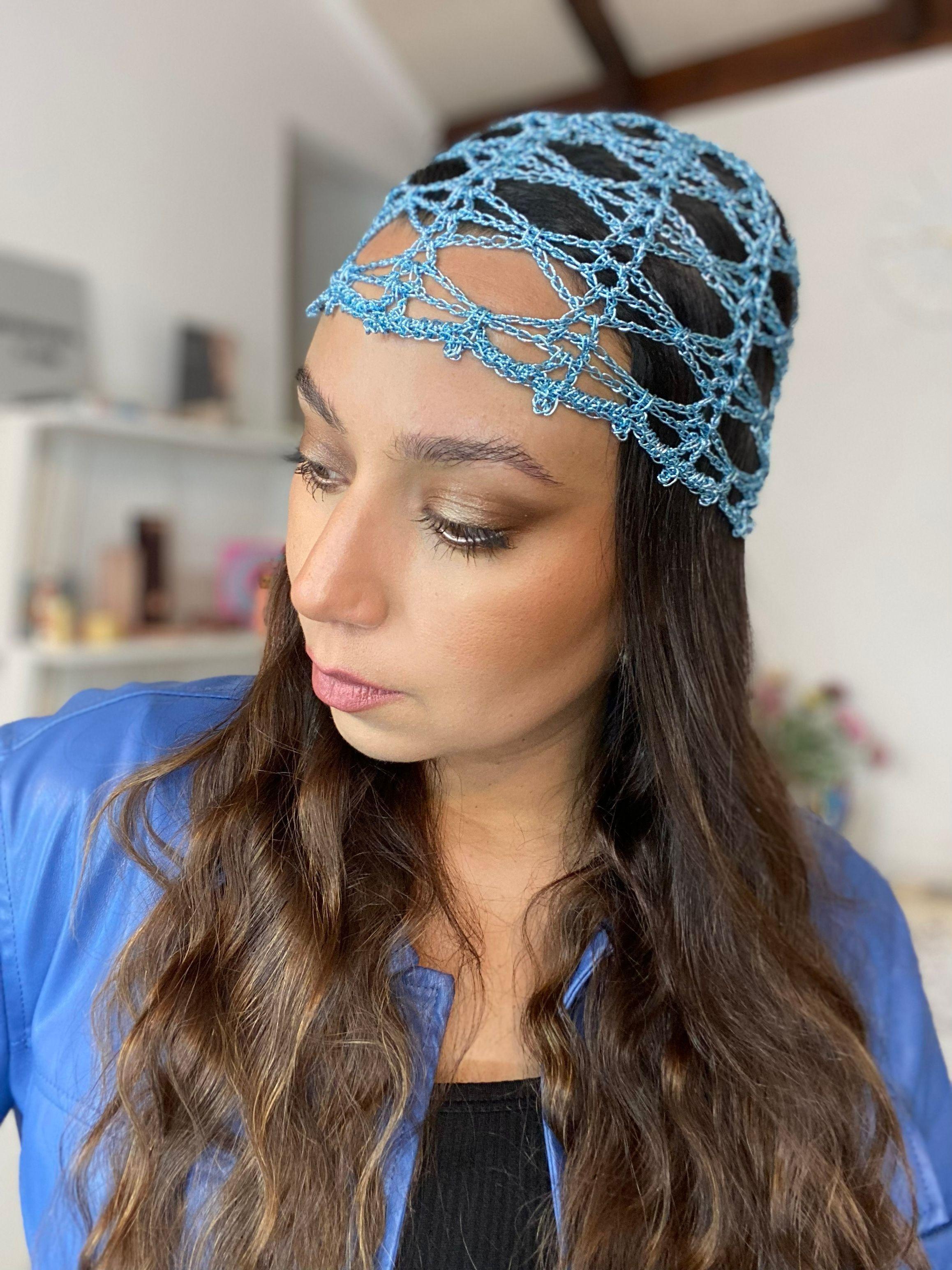 Mesh Hat Casquete Crochet modelo Avellana color Celeste Metalizado-4