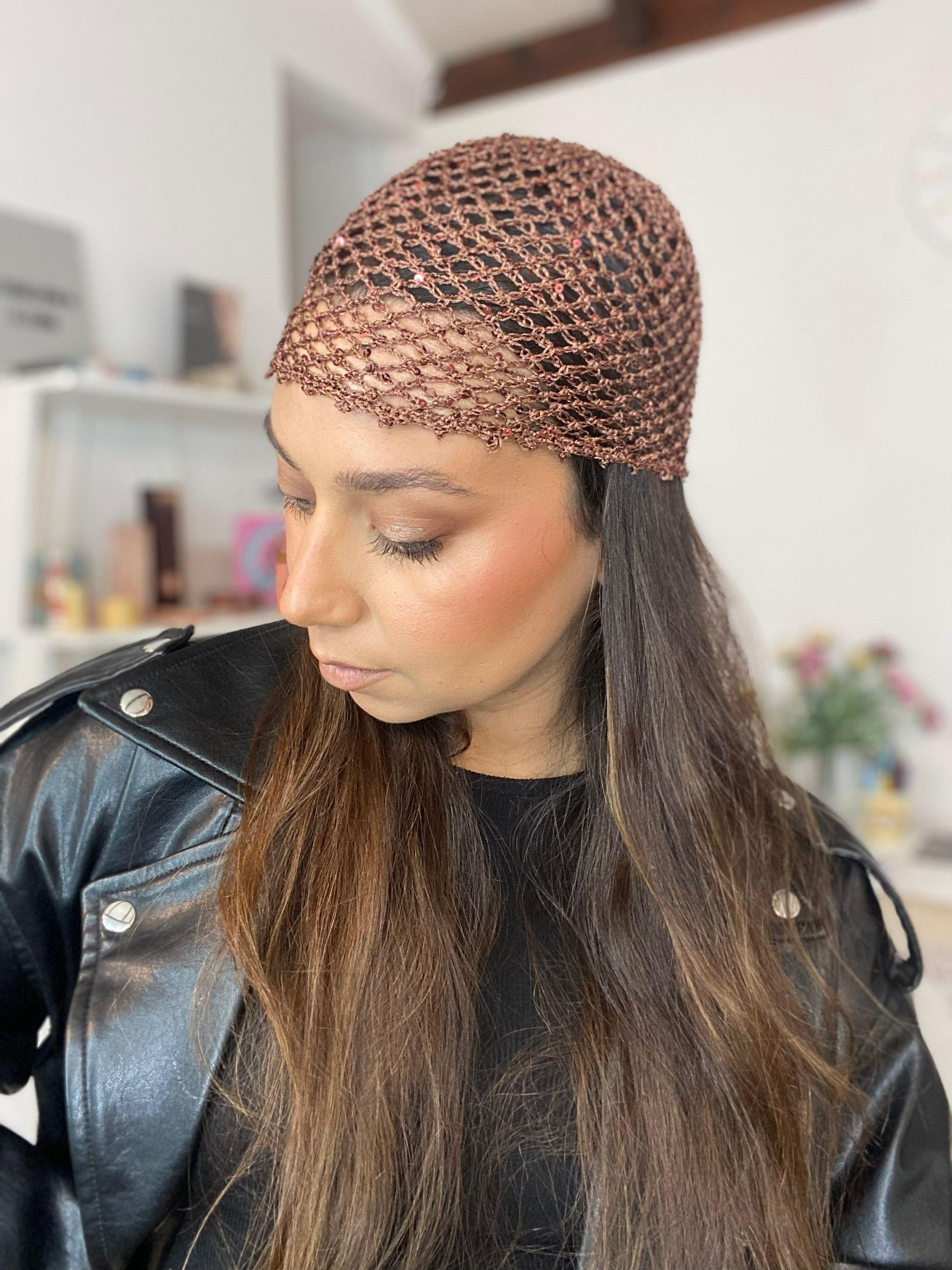 Mesh Hat Casquete Crochet modelo Rombo Caf Satinado con micro lentejuelas-4