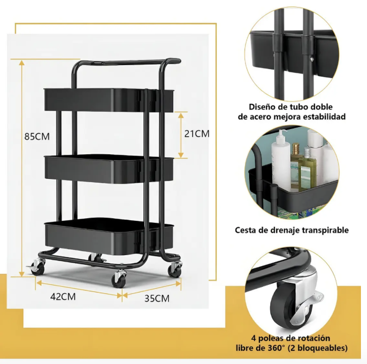 Carro Organizador Multiuso 3 Nivele Color Negro-6