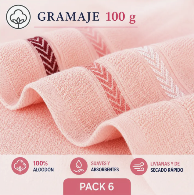Pack 6 toallas de mano algodon 35x75cm-2