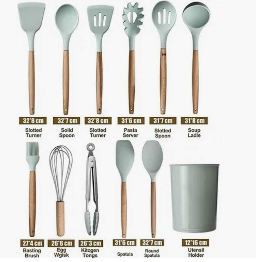 Set 12 Utensilios Cocina Mango Silicona Y Madera Reposter a Verde-3