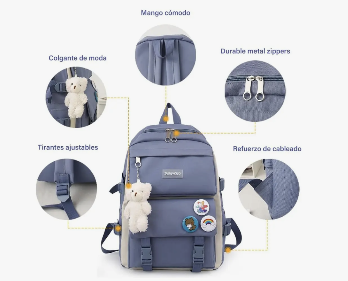 Mochila Escolar Viaje Estilo Coreano 5 Piezas Kit azul-1