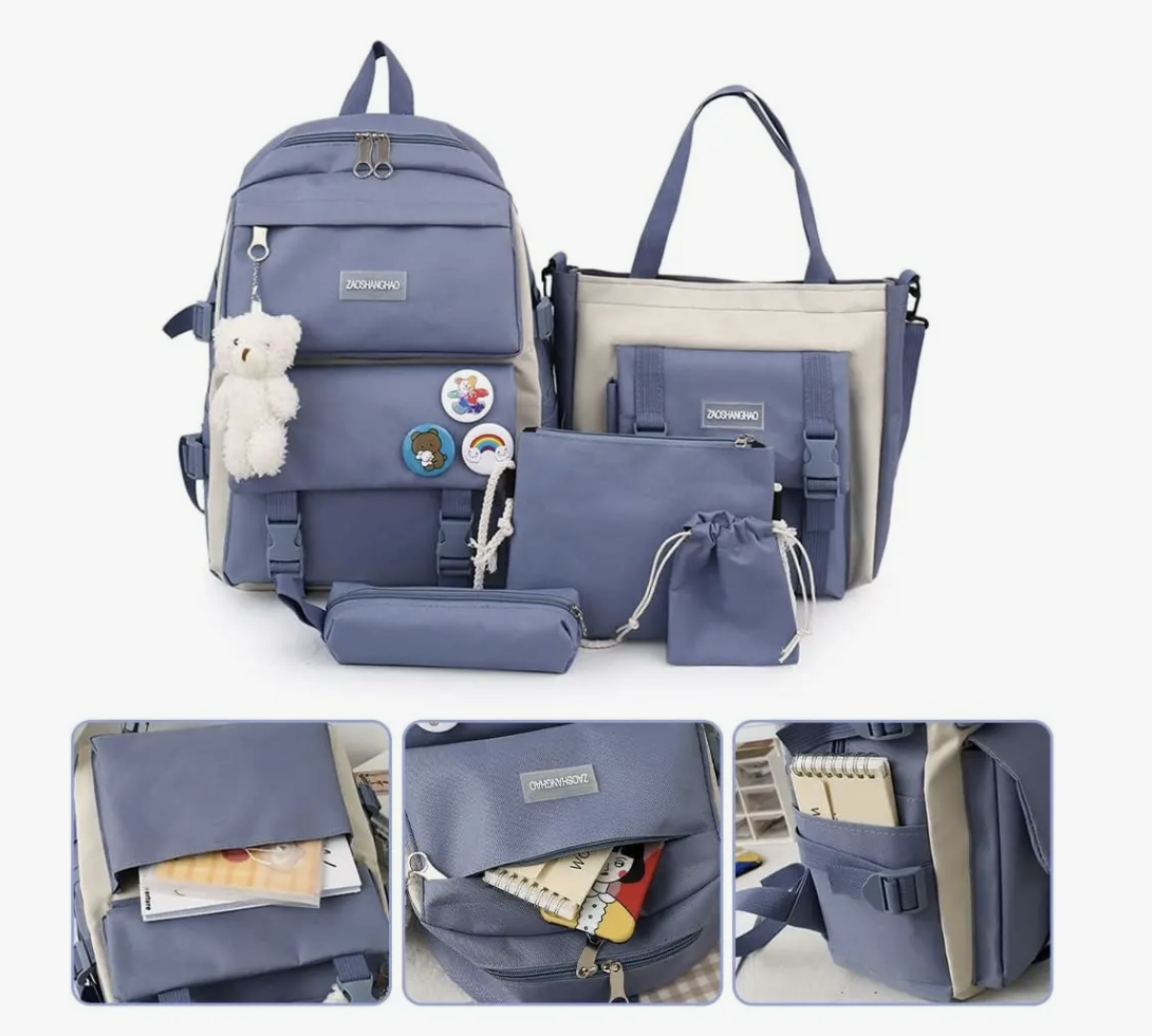 Mochila Escolar Viaje Estilo Coreano 5 Piezas Kit azul-2