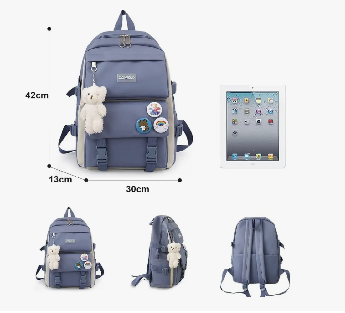 Mochila Escolar Viaje Estilo Coreano 5 Piezas Kit azul-3