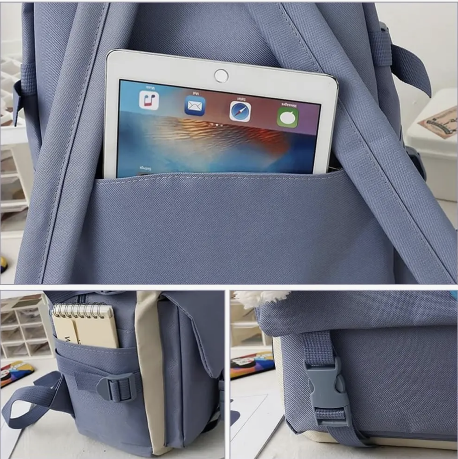 Mochila Escolar Viaje Estilo Coreano 5 Piezas Kit azul-4