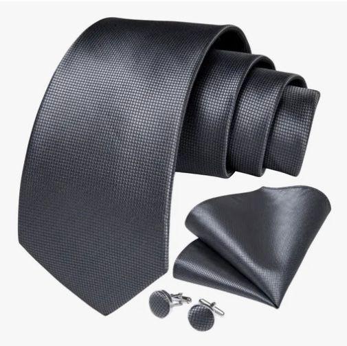 Corbatas Seda Hombres, Paño Y Colleras Gris Oscuro-1