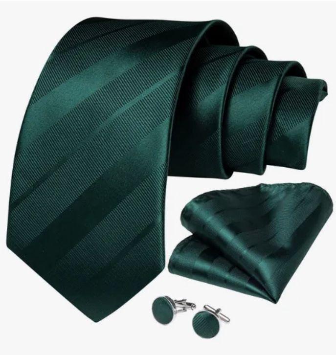 Corbatas Seda Hombres, Paño Y Colleras Verde Oscuro-2