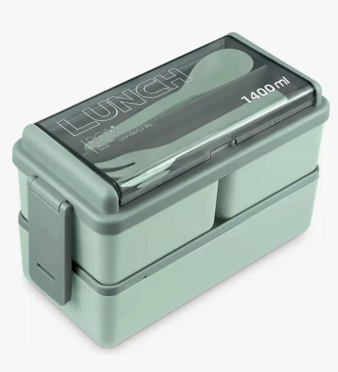 Lunch Box 2 niveles con cubiertos verde-0