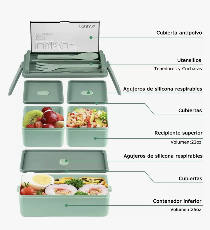Lunch Box 2 niveles con cubiertos verde-1