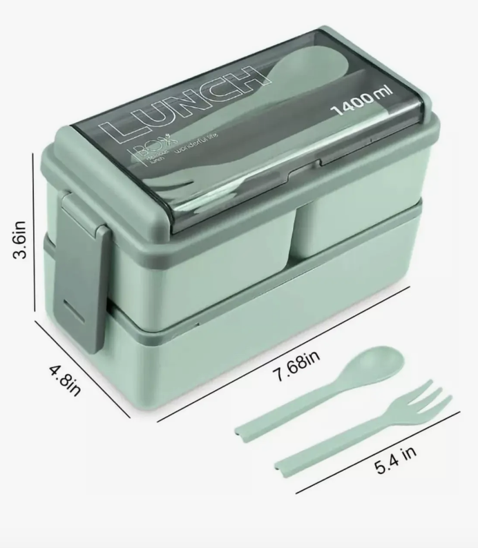 Lunch Box 2 niveles con cubiertos verde-2