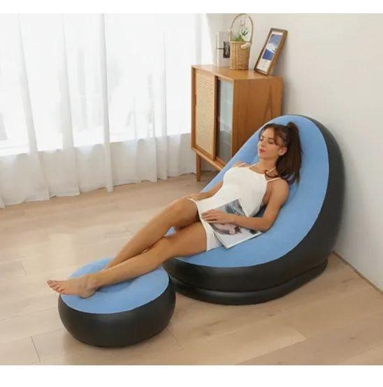Sofá Tumbona Silla Inflable Reposa Pies Puff X L + Inflador Celeste-3