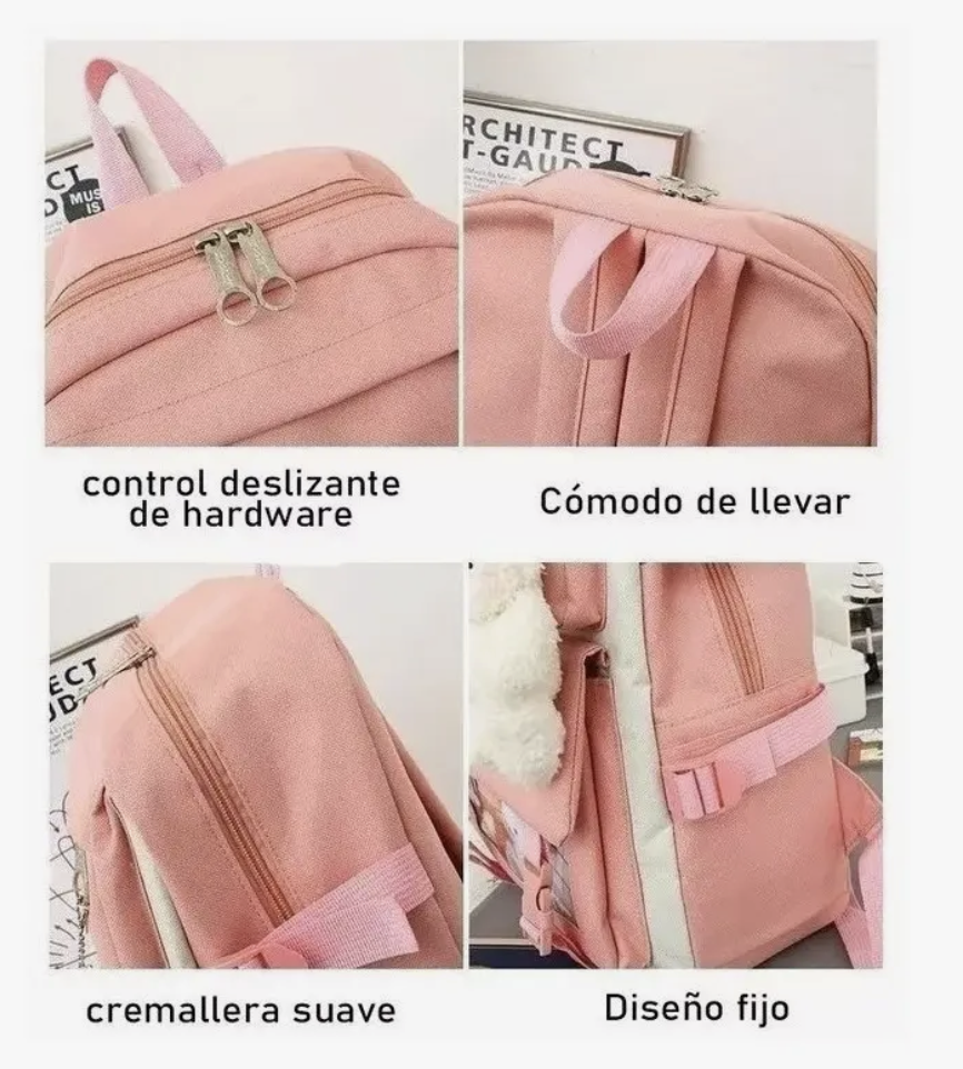 Mochila Escolar Viaje Estilo Coreano 5 Piezas Kit negro-3