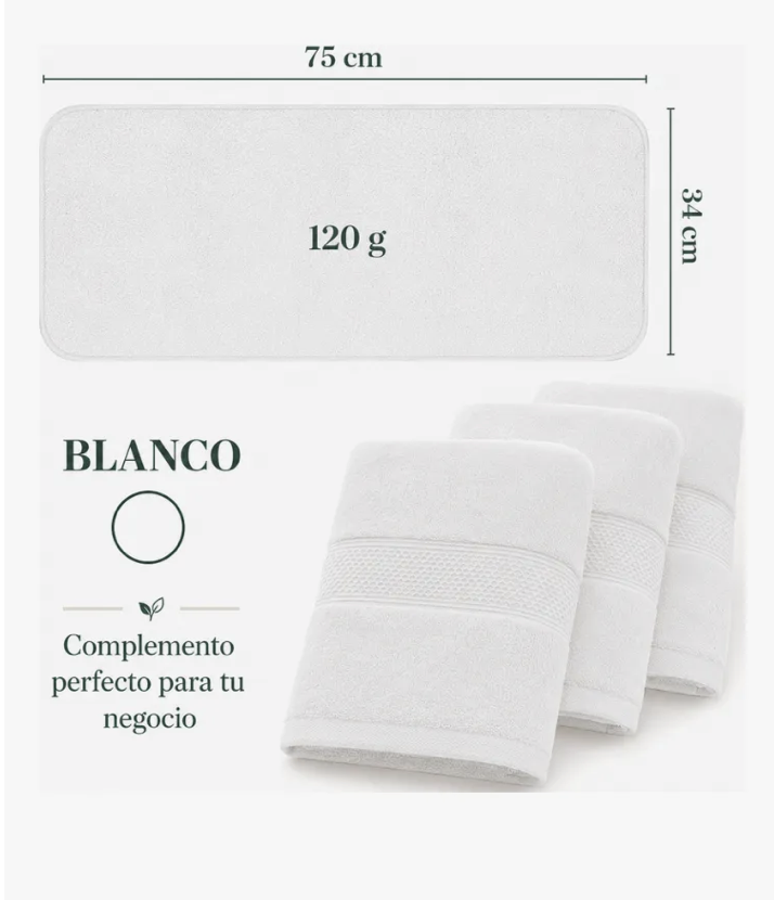 Pack 4 toallas de mano algodon 35x75cm color blanco-3