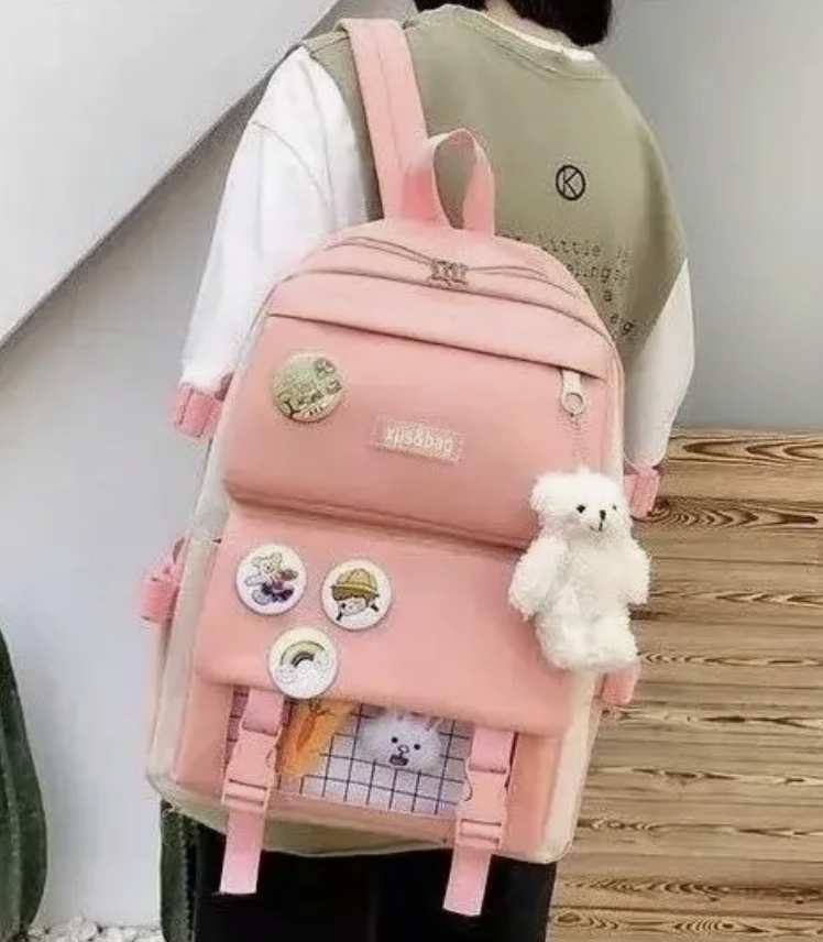 Mochila Escolar Viaje Estilo Coreano 5 Piezas Kit rosada-1