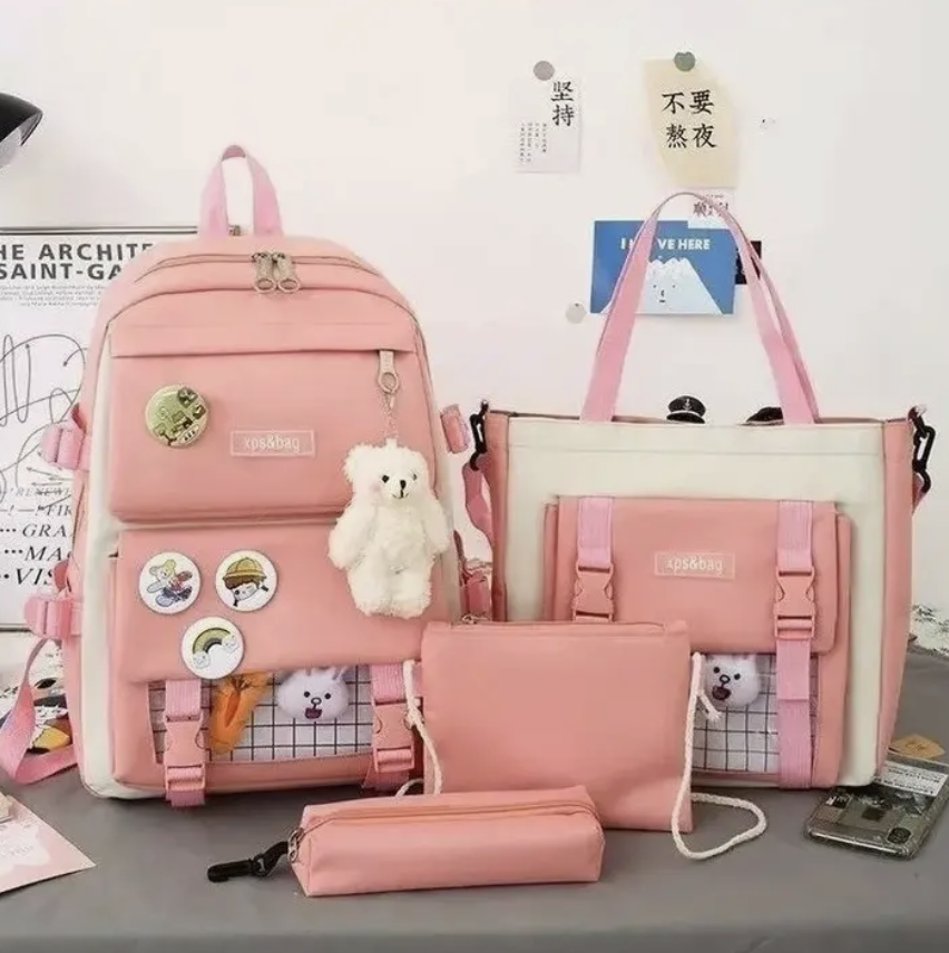 Mochila Escolar Viaje Estilo Coreano 5 Piezas Kit rosada-2