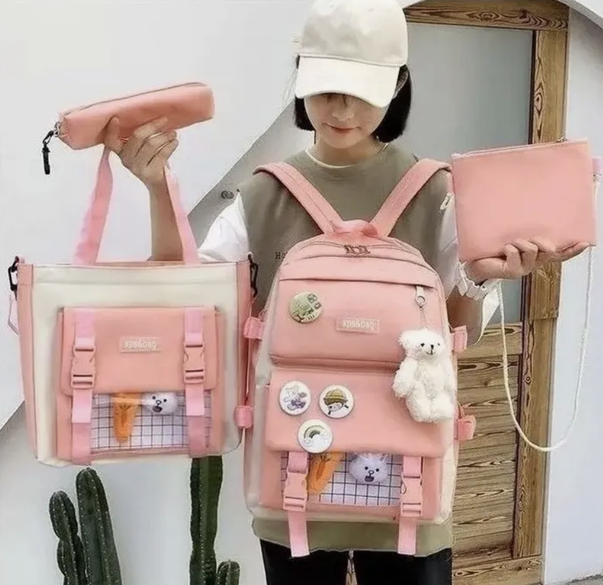 Mochila Escolar Viaje Estilo Coreano 5 Piezas Kit rosada-3