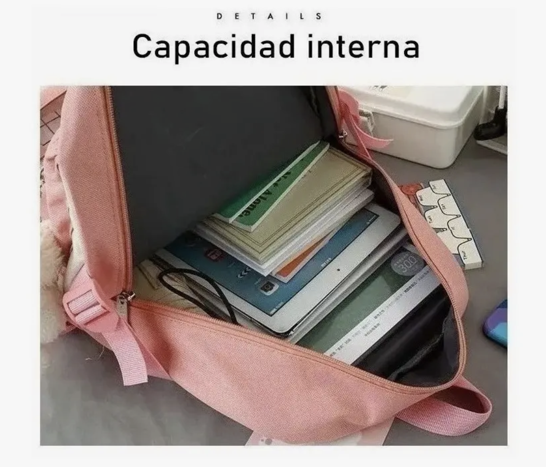 Mochila Escolar Viaje Estilo Coreano 5 Piezas Kit rosada-4