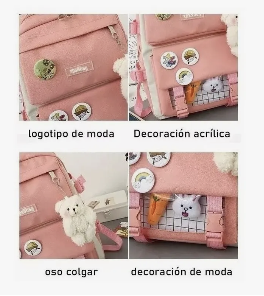 Mochila Escolar Viaje Estilo Coreano 5 Piezas Kit rosada-5