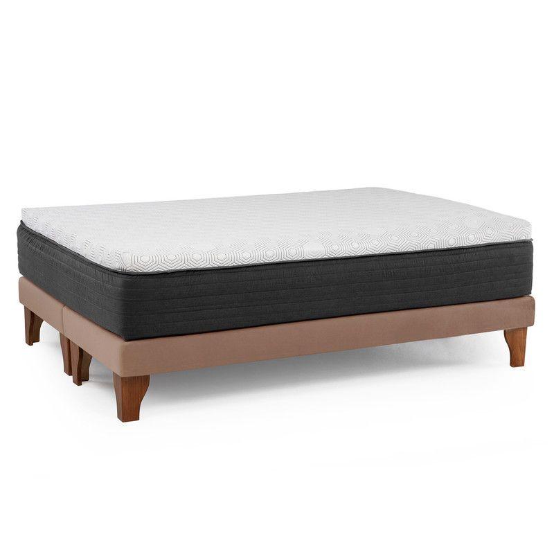 Cama Europea New Top Colchon Resortes 23 Cm 2 Plazas Tela Velvet Beige + Maderas Orion-2