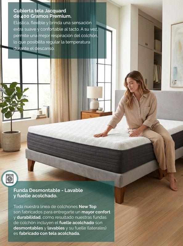 Cama Europea New Top Colchon Resortes 23 Cm 2 Plazas Tela Velvet Beige + Maderas Orion-5