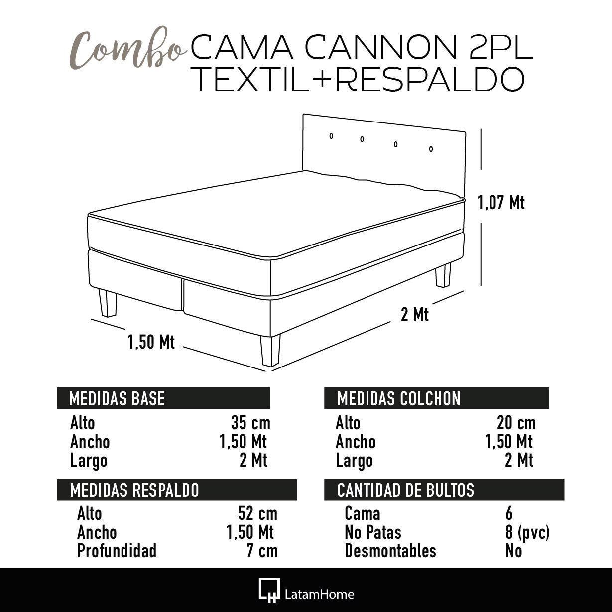 Combo Cama Cannon 2 Plazas Textil + Respaldo Tela Gris-3
