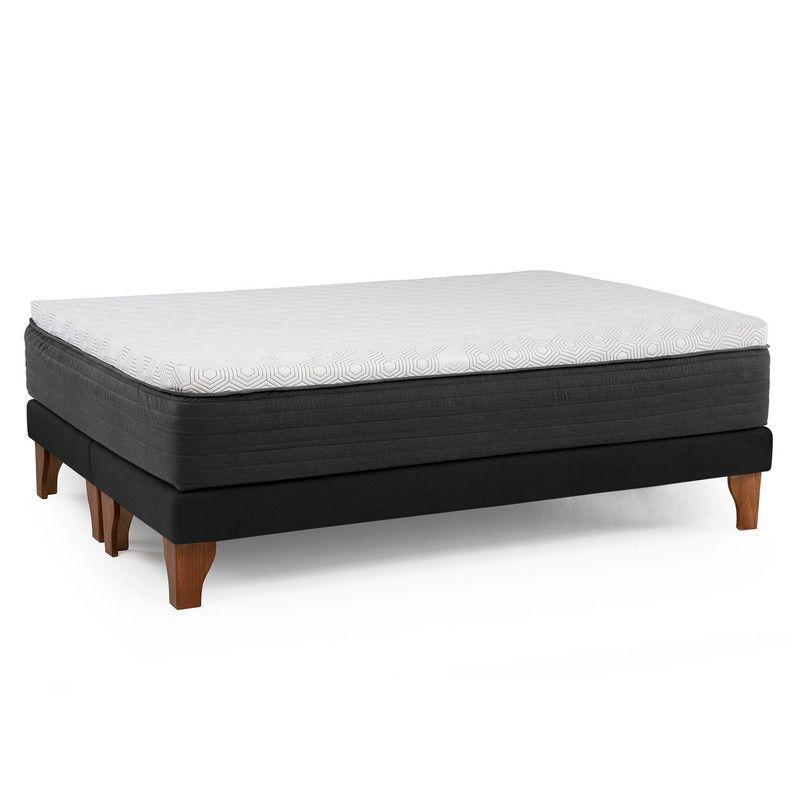 Cama Europea New Top Colchon Resortes 23 Cm 2 Plazas Tela Velvet Negro + Maderas Atlas-2