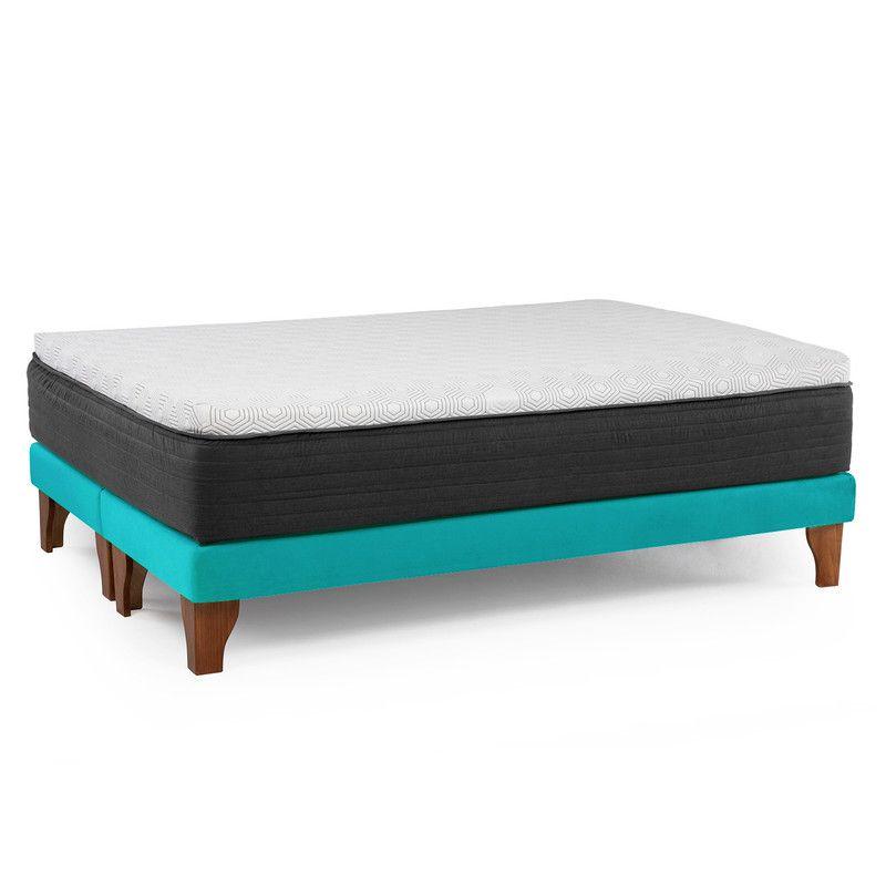Cama Europea New Top Colchon Resortes 23 Cm 2 Plazas Tela Velvet Turquesa + Maderas Orion-2