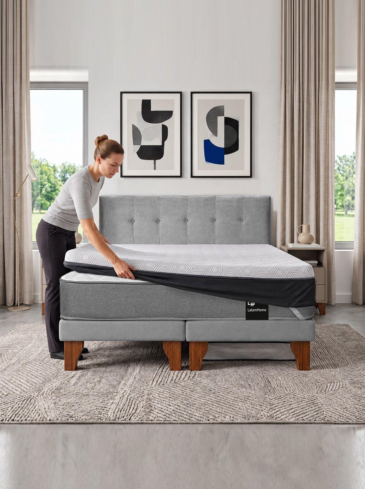 Cama Europea 2 Plazas Base Dividida Zen Best Con Topper Faja Y Respaldo Tela-0