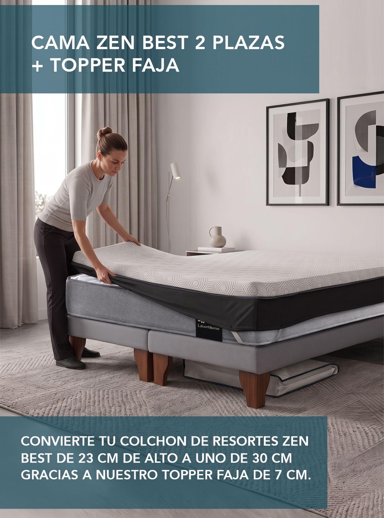 Cama Europea 2 Plazas Base Dividida Zen Best Con Topper Faja Y Respaldo Tela-1