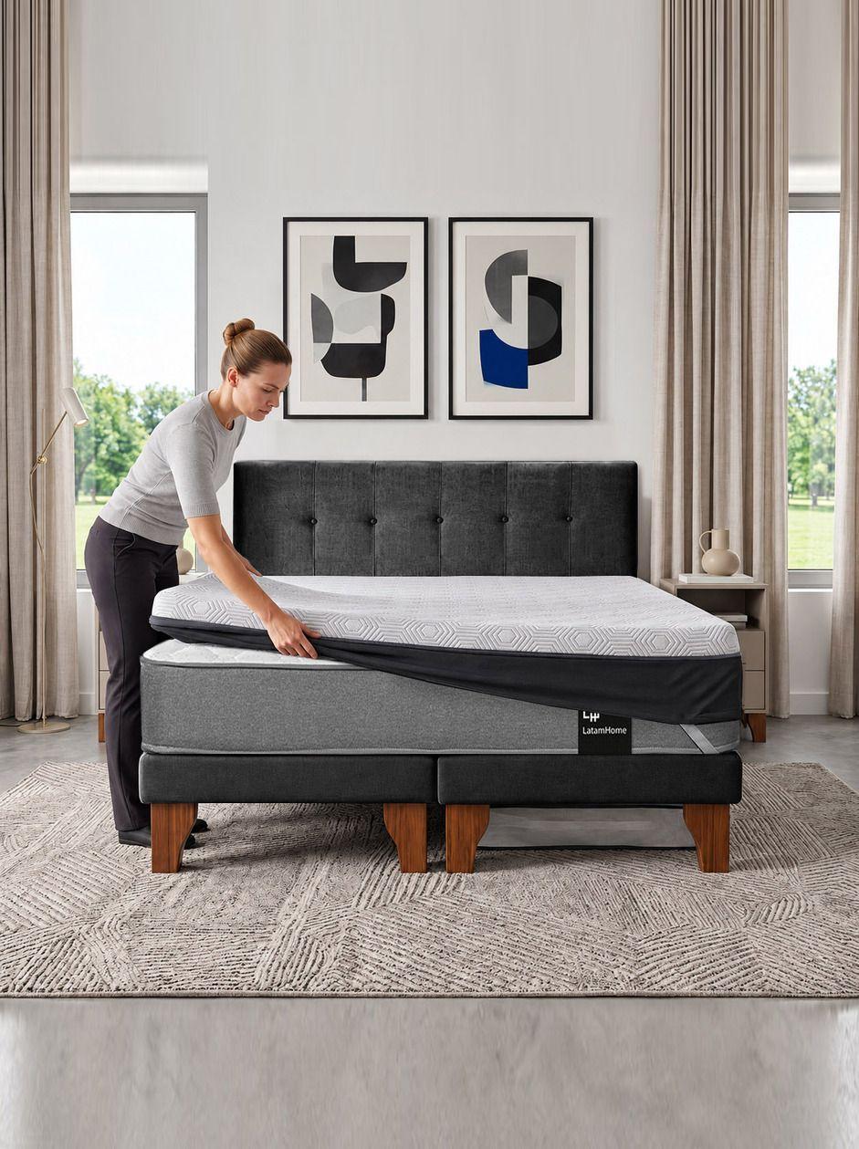 Cama Europea 2 Plazas Base Dividida Zen Best Con Topper Faja Y Respaldo Tela-0