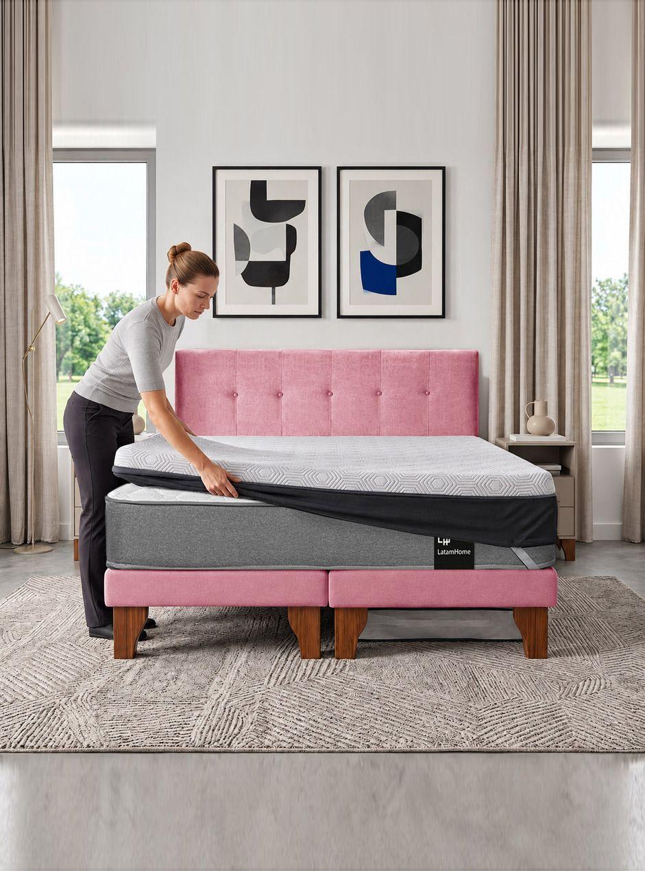 Cama Europea 2 Plazas Base Dividida Zen Best Con Topper Faja Y Respaldo Tela-0