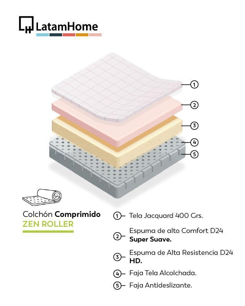Cama Europea Zen Roller 2 Plazas Colchon Comprimido Espuma Tela Beige-4