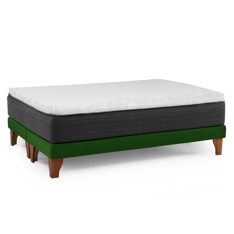Cama Europea New Top Colchon Resortes 23 Cm 2 Plazas Tela Velvet Verde + Maderas Atlas-2