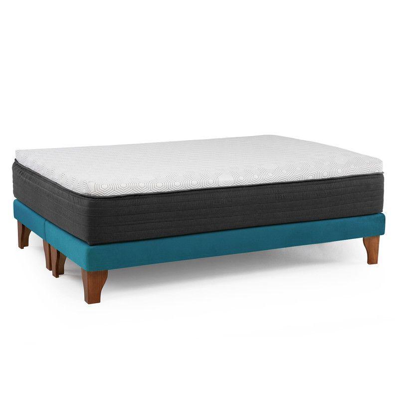 Cama Europea New Top Colchon Resortes 23 Cm 2 Plazas Tela Velvet Azul Petroleo + Maderas Orion-2