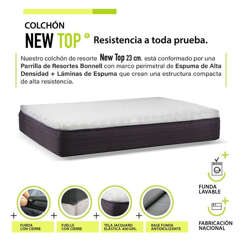 Cama Europea New Top Colchon Resortes 23 Cm 2 Plazas Tela Velvet Gris + Maderas Atlas-4